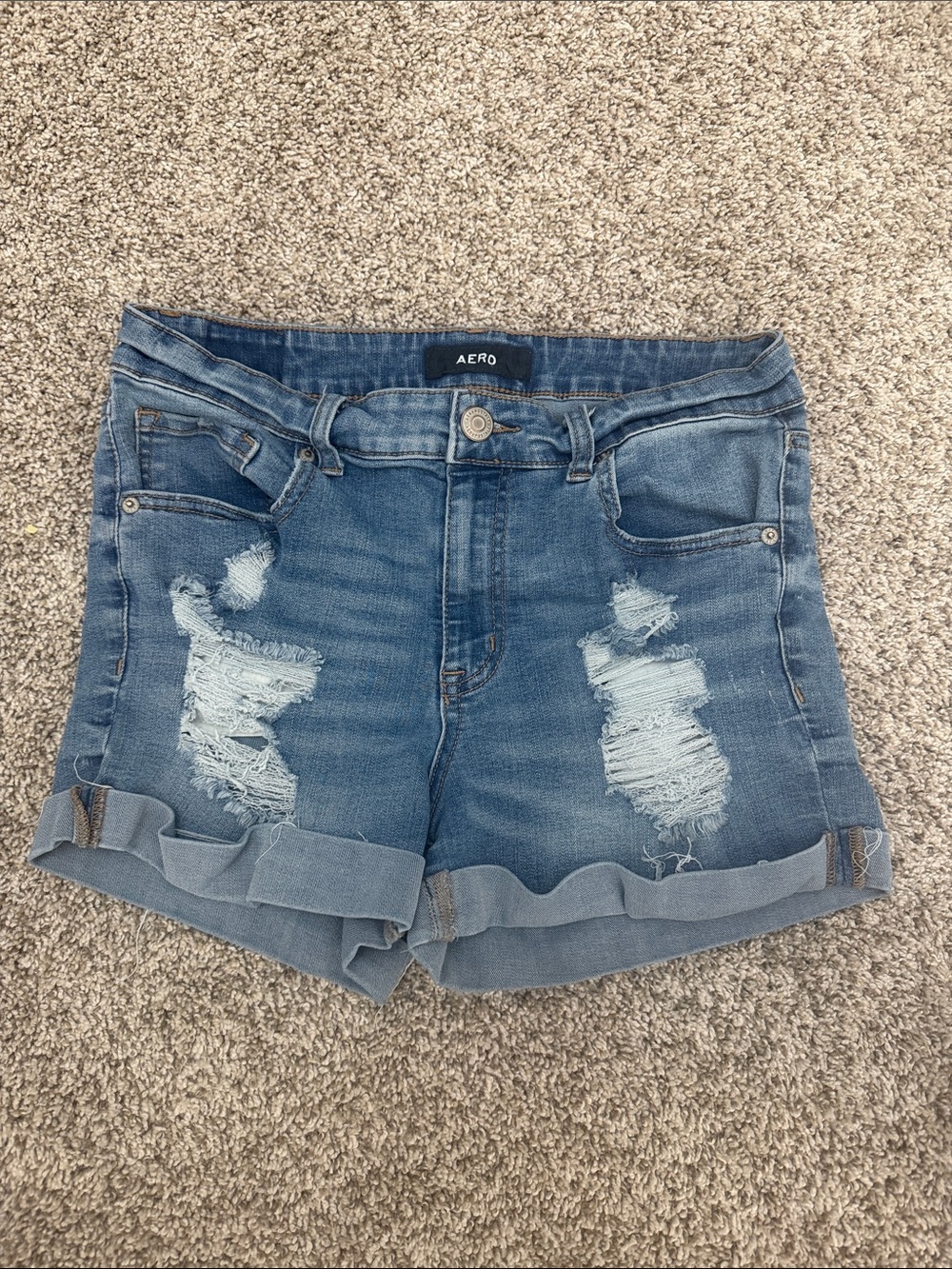 Aeropostale Blue Distressed Rolled-Hem Denim Shorts